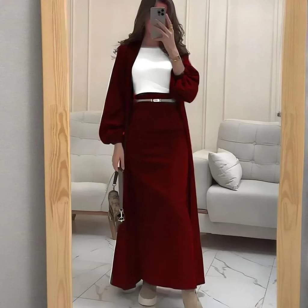 Crimson Royale Abaya & Skirt Set